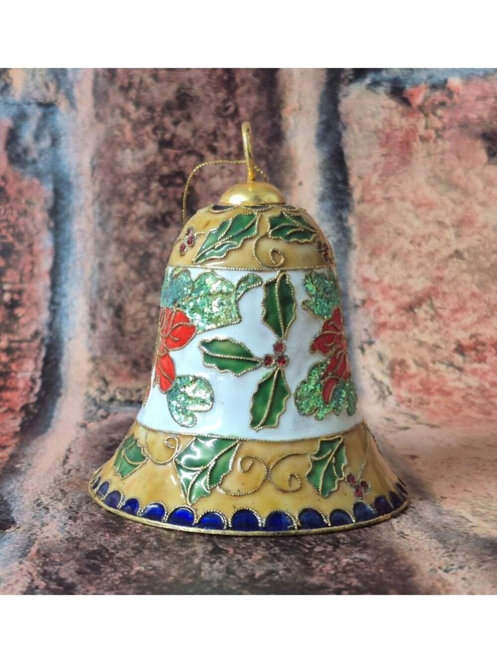NWT Vintage Home for the Holidays Cloisonne Christmas Bell Poinsette Holly Decor